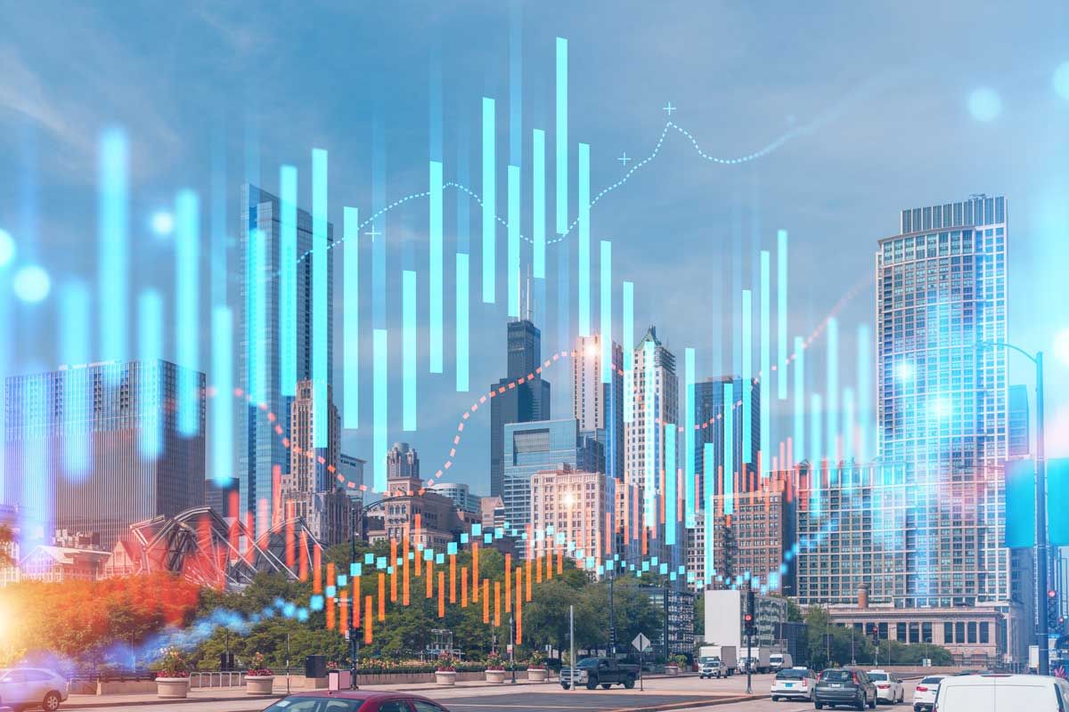Cityansicht mit Datenbalken